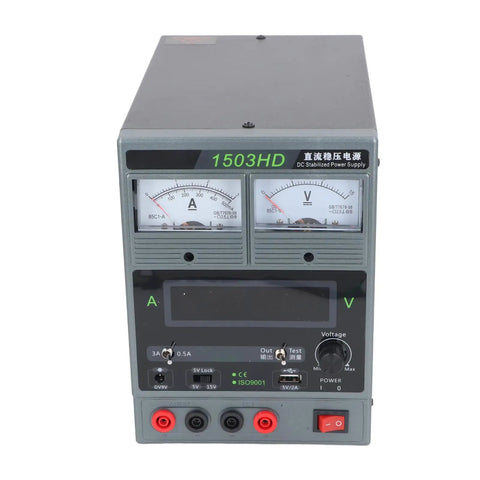Heavy Duty Variable DC Power Supply 15V 3A Regulated Stabilized With Dual Display And USB Charging Port US Plug Ideal For Electronics Repair And Prototyping front view
