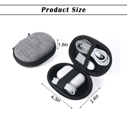 Compact Oval Tech Stash Organizer To Keep All Your Power Cords And Earbuds Straight Up Secure with hard shell, showing size 4.3in x 2.4in x 1.6in.