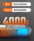 PT-990 Rechargeable Gas Leak Detector With 11 Inch Probe, highlighting 4000mAh battery, Type C port, 9+ hours runtime.