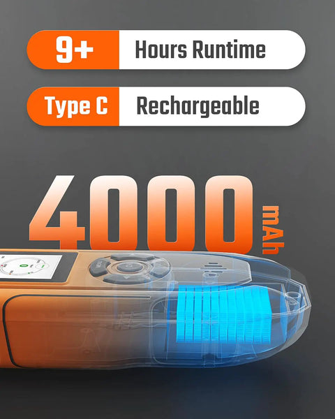 PT-990 Rechargeable Gas Leak Detector With 11 Inch Probe, highlighting 4000mAh battery, Type C port, 9+ hours runtime.