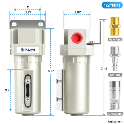 Front and side view of Heavy Duty One Half Inch NPT Industrial Desiccant Dryer For Compressed Air With Aluminum Body Water Separator