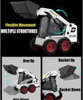 One Fourteenth Scale RC Skid Steer Loader showing flexible movement and multiple structures in 360-degree rotation.