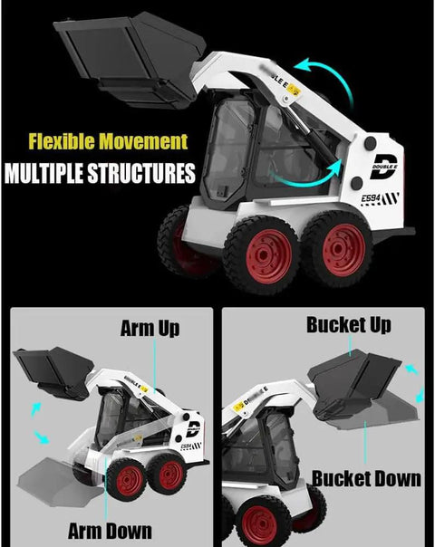 One Fourteenth Scale RC Skid Steer Loader showing flexible movement and multiple structures in 360-degree rotation.