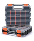Two Piece Double Side Tool Organizer With Impact Resistant Polymer, 34 Compartment Hardware Box, Black Body, Clear Lids, Orange Closures