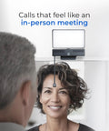 Total Game Changer 4K Eye Contact Webcam Featuring Retractable Arm And Integrated Glow Panel Flips Up Clean Out Of Sight For Seamless Video Calls And Stress Free Streaming with woman smiling during video call.