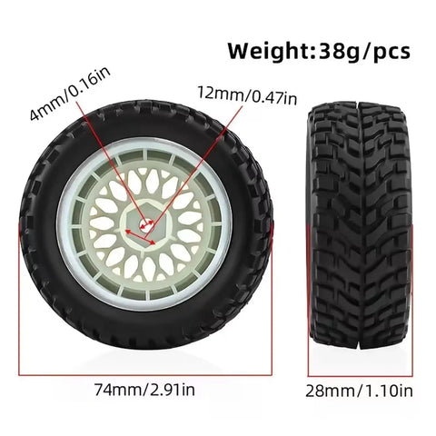 On Road Drift Tire And Wheel Upgrade Set With 12mm Hex Rims For 1/10 RC Cars, showing dimensions and weight details