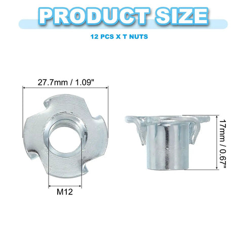 Tough As Nails M12 T Nuts, 12 Pc Zinc Plated Steel Four Prong Blinds, 1.09 inch size details for woodwork and cabinetry.