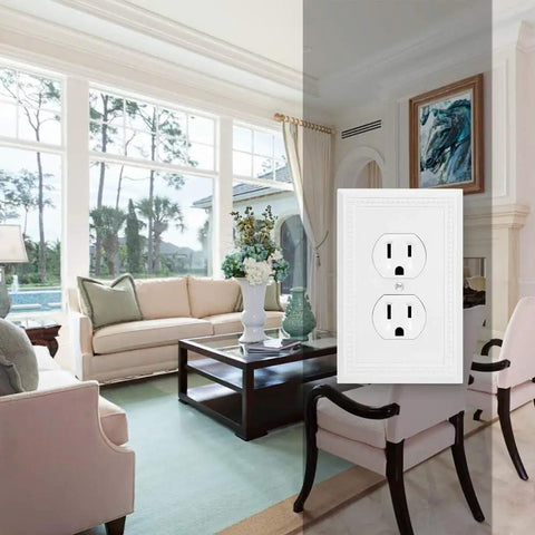 Sunken Pearls Heavy Duty Decorative Wall Plate Switch Plate Outlet Cover Set White 2 Pack, installed in modern living room