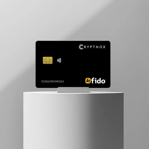 Fido2 Certified Multi Factor Auth Token Nfc Smart Card displayed on a pedestal, featuring secure contactless login design.