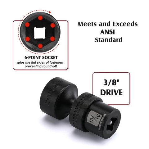Close-up of a Shallow Impact Universal Joint Swivel Socket Set Three Eighths Inch Drive SAE with 6-point socket and 3/8 inch marking.