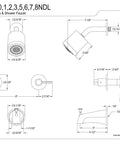 Technical drawing of Two Handle Tub And Shower Faucet With 5 Inch Tub Spout Brushed Nickel Finish Brass Construction showing dimensions