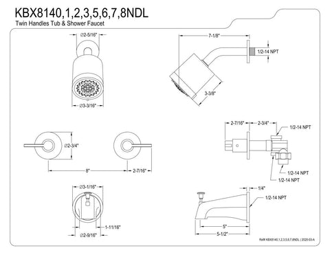 Technical drawing of Two Handle Tub And Shower Faucet With 5 Inch Tub Spout Brushed Nickel Finish Brass Construction showing dimensions