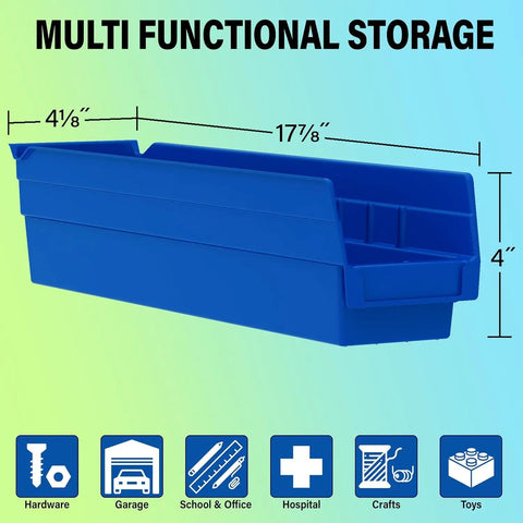 Heavy Duty Plastic Shelf Bins Stackable For Garage Closet And Drawer Organization In Red 18 Inch By 4 Inch By 4 Inch Durable Storage Containers For Shelves Cabinets And Under Sink 12 Pack shown in blue with dimensions