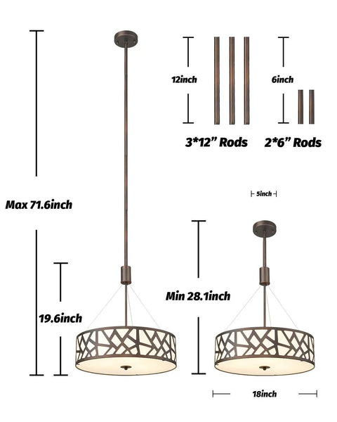 Go To Farmhouse Drum Pendant Light 3 Light Chandelier 18 Inch dimensions with adjustable rods and oil-rubbed bronze finish.