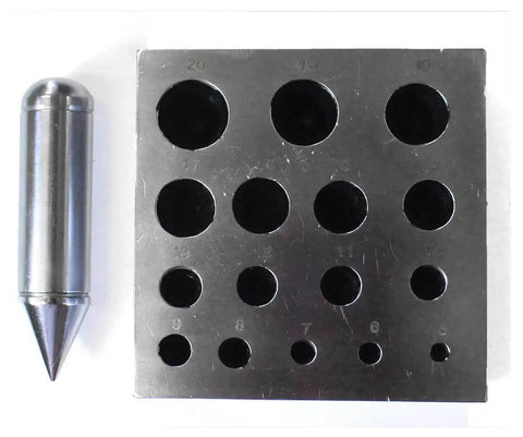Heavy Duty Bezel Block And Punch Set For Soft Metal Sheets, 4x4x1.5 Inch Frame, different punch sizes visible