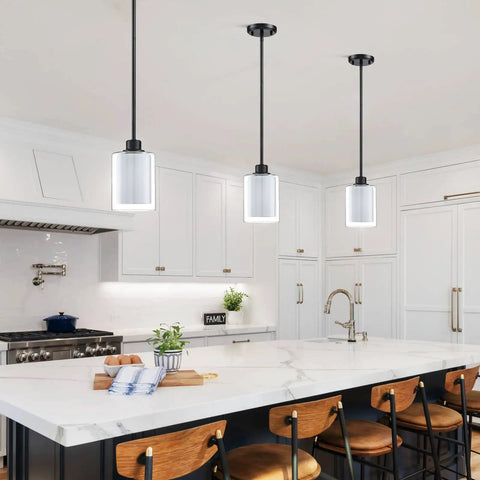 Two Pack 1 Light Indoor Hanging Kitchen Island Pendant Lights with 5 Inch Clear Frosted Glass Shades in Sleek Black Finish