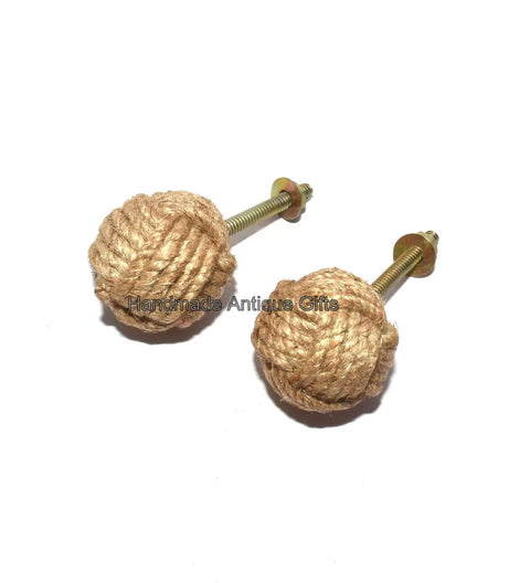 Handcrafted White Jute Rope Cabinet Knobs And Drawer Pulls Set, Nautical Rope Knot Handles For Cabinets, Wardrobes, Cupboards, 35 MM, Coastal Home Decor, Easy Hardware Update, Rustic Marine Style, two jute knobs