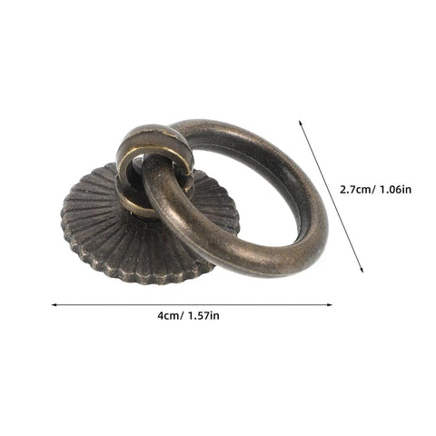 Close-up of one Vintage Style Ring Pull Cabinet Handle in Antique Bronze showing size dimensions, part of a 4 Pack.