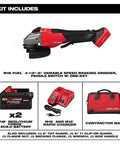 Heavy Duty Brushless Angle Grinder Kit Featuring Variable Speed Control And Anti Vibration Grip For 4.5 To 6 Inch Cutting Discs with accessories.