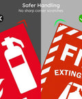 Close-up of High Visibility Fire Extinguisher Inside Sign 8x12 Inch Metal Safety Plaque showing rounded corners for safer handling