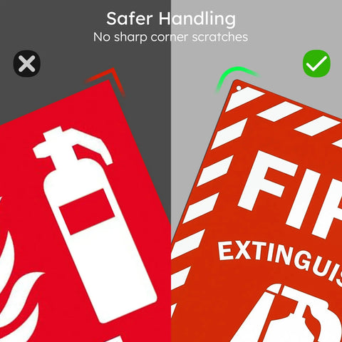 Close-up of High Visibility Fire Extinguisher Inside Sign 8x12 Inch Metal Safety Plaque showing rounded corners for safer handling