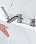 Roman Tub Faucet Deck Mount Waterfall Three Hole With Hand Shower Brushed Nickel Modern Tub Filler spout extended waterfall