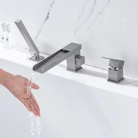 Roman Tub Faucet Deck Mount Waterfall Three Hole With Hand Shower Brushed Nickel Modern Tub Filler spout extended waterfall