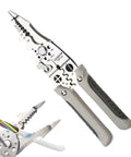 Heavy Duty Stainless Steel Wire Stripping Pliers with ergonomic grip for stripping, cutting, and crimping wires.