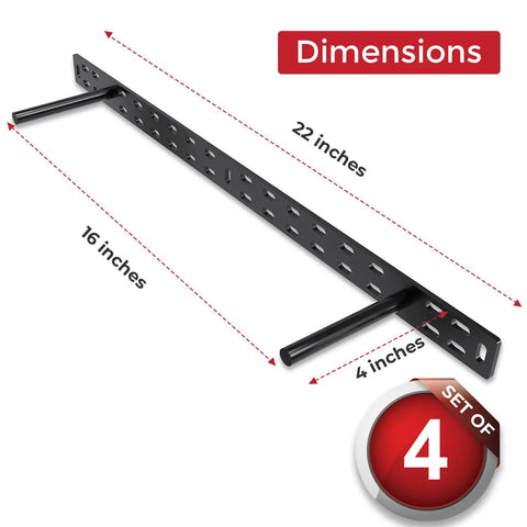 Heavy Duty Floating Shelf Brackets Set, 4 Pack 22 Inch Long Wall Shelf Supports with dimensions labeled in black finish.