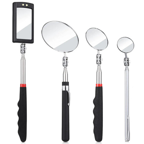 Telescoping Inspection Mirror Set With LED Light For Cars And Small Parts, Flexible Reach, Pocket Clip Handy, Durable Metal Frame