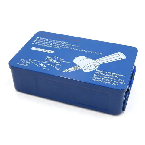 Blue storage case of Heavy Duty Metal Sheet Cutter Set With Double Head Nibbler Saw Drill Tools for auto bodywork and metal fabrication.