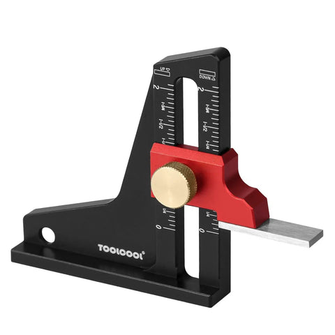 Height And Depth Gauge For Woodworking Tools Quick Pro Grade Setup Blocks For Table Saw Router Table Drill Press And Bandsaw Imperial Measurements And Precision Tips For Quick Consistent Setup In The Shop black and red CNC aluminum gauge with imperial scale