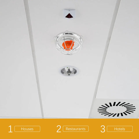 Heavy Duty Screw Mount Fire Sprinkler Guard Cage Shield With Impact Resistant Kickproof Cover For Upright Pendant And Horizontal Ceiling Heads installed in a ceiling.