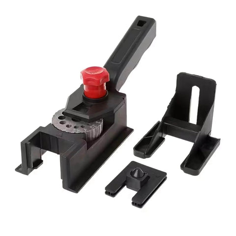 Adjustable Drill Guide Kit For Woodworking With Precision Hole Drilling Durable Plastic Construction Automatic Alignment 3 To 12mm Range Ideal For DIYers And Pros Ready To Tackle Any Project featuring multiple black components on a white background.