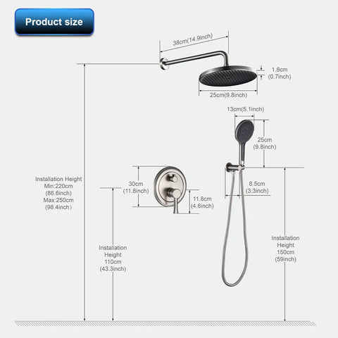 Dimensions illustration of Dope 10 Inch Rain Shower Head Combo System With Wall Mounted Brushed Nickel Finish, Luxury Rain Mixer Shower Set
