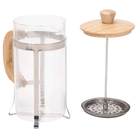 Natural Grain Glass And Bamboo 1 Liter French Press Coffee And Tea Maker with Removable Glass Carafe, 3-layer filter, wooden lid