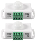 2 Pack No Brainer 12V-24V PIR Motion Sensor Switch for LED Light Strips Infrared Controller With Adjustable 1-10 Min Delay Auto On Off Motion Activated Sign Control 8 Meters Detection Range White, front view
