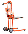 Side view manual material lift stacker by VEVOR with lift plate and swivel casters; 330 lb capacity, 42.9 in max lift height.