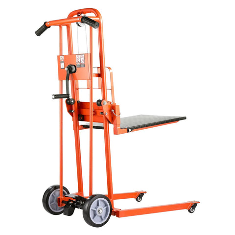 Side view manual material lift stacker by VEVOR with lift plate and swivel casters; 330 lb capacity, 42.9 in max lift height.