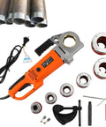 Tough As Nails Portable Electric Pipe Threader And Threading Machine With Genuine Copper Motor For Galvanized Iron Pipe Half To Two Inch on workbench with cutter heads and pipes.