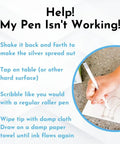 Instructions for fixing non-working pen, showing hand using Draw Circuits With Conductive Ink Pen Kit, 11 Electronic Sticker Modules, And A 27 Lesson Workbook For Hands On DIY STEM Fun For Curious Makers, Ages 8 Plus, Turning Paper Crafts Into Glowing Buzzing Motor Powered Projects on paper