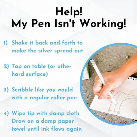 Instructions for fixing non-working pen, showing hand using Draw Circuits With Conductive Ink Pen Kit, 11 Electronic Sticker Modules, And A 27 Lesson Workbook For Hands On DIY STEM Fun For Curious Makers, Ages 8 Plus, Turning Paper Crafts Into Glowing Buzzing Motor Powered Projects on paper