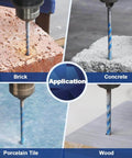 BRSCHNITT masonry drill bit set with hex shank shown drilling brick, concrete, porcelain tile and wood