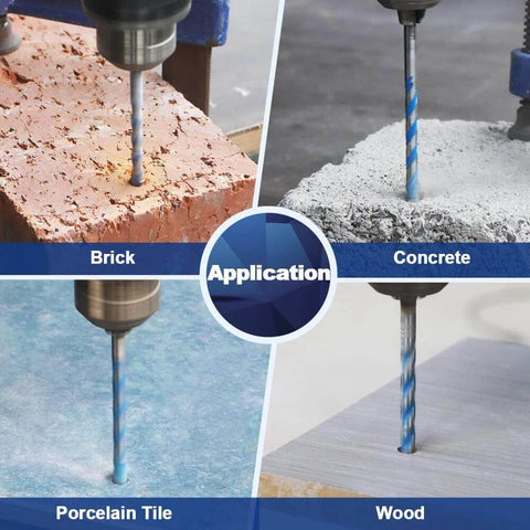 BRSCHNITT masonry drill bit set with hex shank shown drilling brick, concrete, porcelain tile and wood