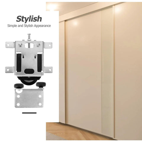 Genuine Stainless Steel Sliding Door Rollers With Double Bearing Quiet Glide Wheels mounted on a closet door track.