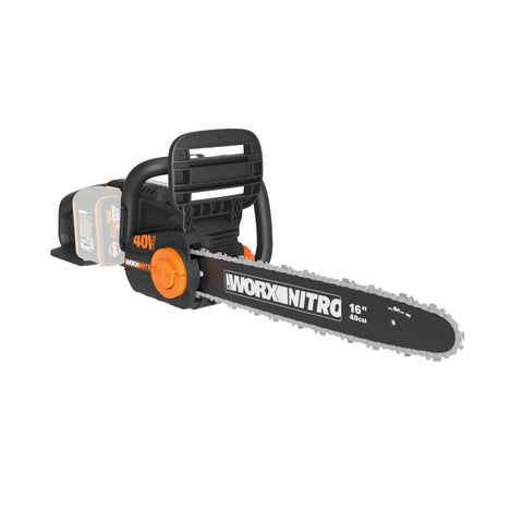 Nitro 40V 16 Inch Cordless Brushless Chainsaw With 4.0Ah Battery Tool Only WG385.9 side view, orange tension knob visible.
