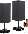 Black Fully Dimmable Nightstand Lamps Set Of 2 With USB C And USB A Ports, 2 AC Outlets, Square Linen Fabric Shade, Bedside Table Lamps For Bedroom And Living Room, Bulb Included, featuring built-in phone charging ports at the base.