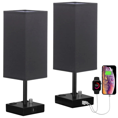 Black Fully Dimmable Nightstand Lamps Set Of 2 With USB C And USB A Ports, 2 AC Outlets, Square Linen Fabric Shade, Bedside Table Lamps For Bedroom And Living Room, Bulb Included, featuring built-in phone charging ports at the base.