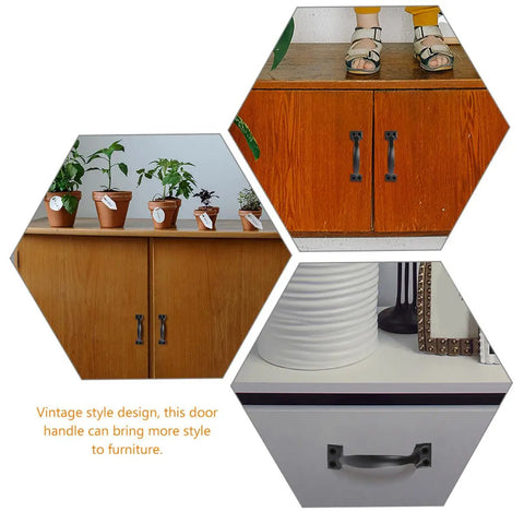 Collage of Six Inch Black Arch Cabinet Handles on various furniture, showing vintage iron pulls for wardrobe and cabinet hardware.