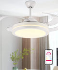 42 Inch Retractable Bladeless Ceiling Fan with LED Lights featuring white finish and remote in modern bedroom